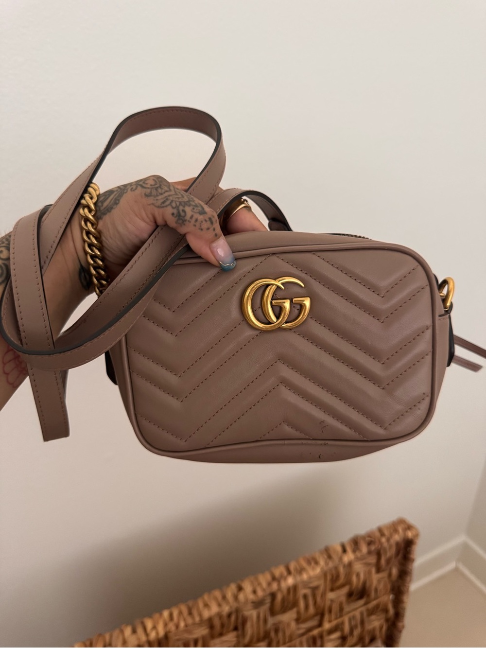 Gucci Small GG Marmont Quilted Crossbody in Taupe Brown